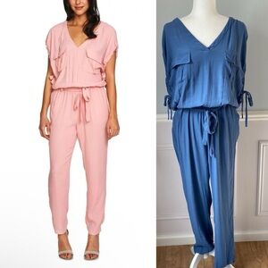 1.STATE Womens Tie-Waist Jumpsuit Light Blue Crepe Size Large Cap Sleeve